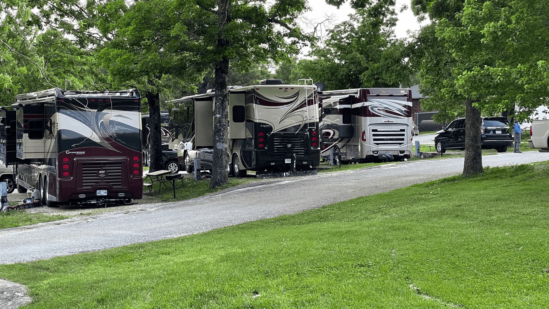 A group of RVs parked in a grassy area