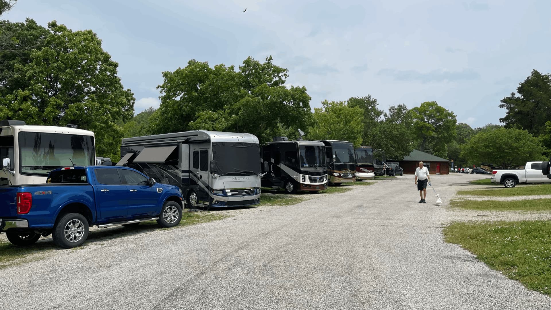 A blue truck is parked in a parking lot next to a row of parked RVs