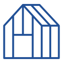 A blue and white house with a blue roof