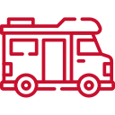 A red and white truck is shown in a flat-lay view