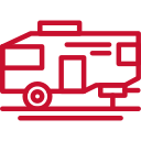 A red and white bus is shown in a flat-lay view