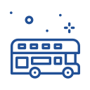 A blue and white bus is shown in a side view