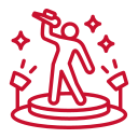 A red and white drawing of a person holding a microphone