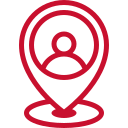 A red circle with a white outline and a red dot in the center