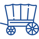 A blue and white wagon with a blue wheel and a blue handle